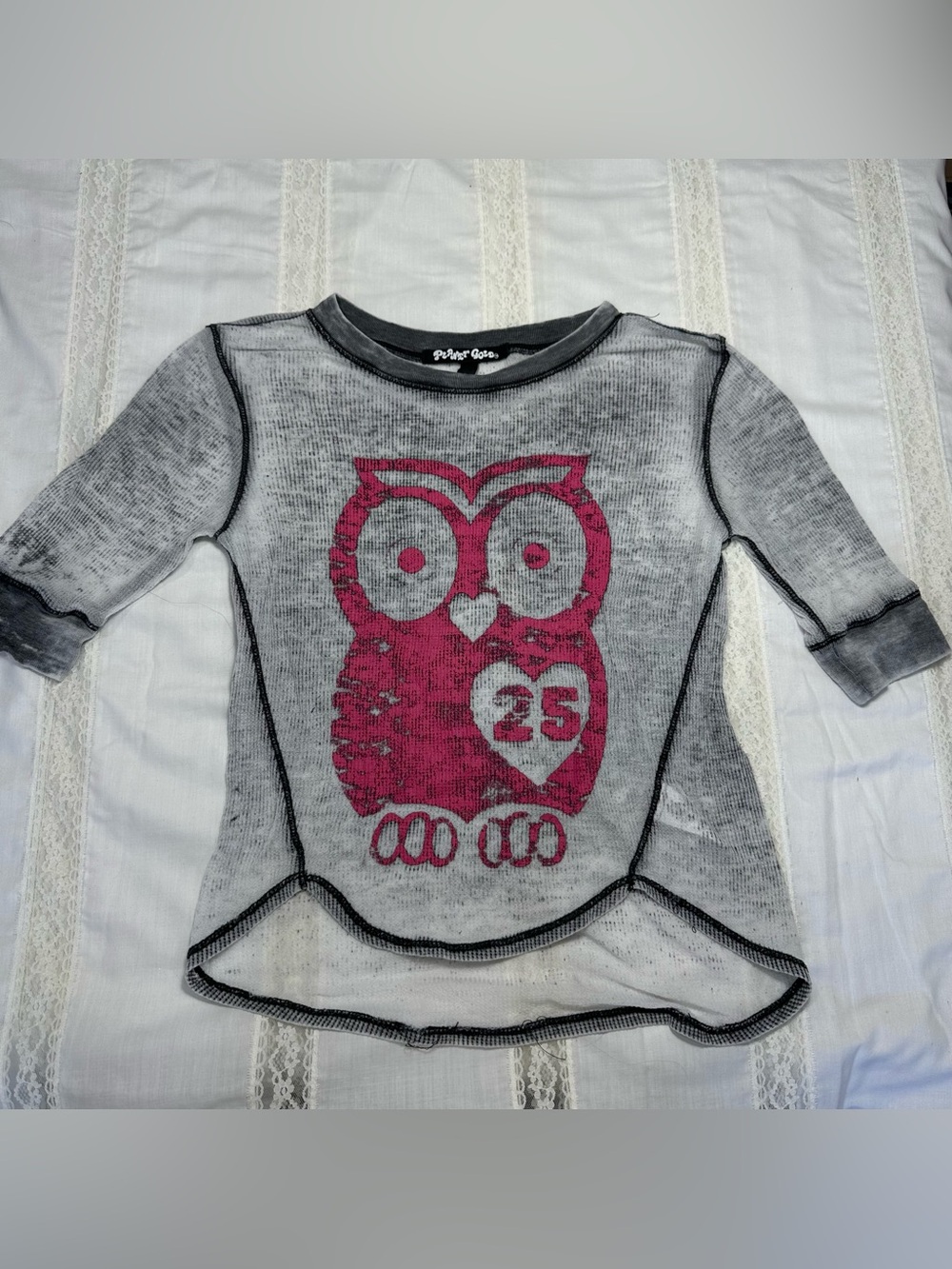 Planet Gold Y2K Owl Graphic Knit Top Gray Pink Semi Sheer Girls 10/12